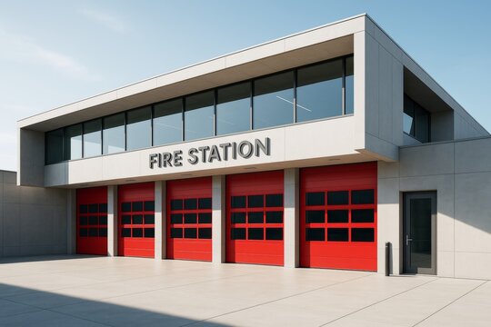 Modern fire station building with bold red garage doors and large glass windows under clear blue sky on sunny day exterior view. Ai generative