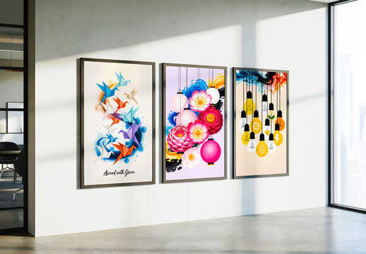Modern Interior Wall With Three Vertical Poster Frame Mockup In Bright Office Room