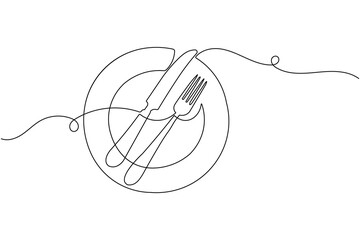 Minimalist one line art of kitchen cutlery and plate, perfect for modern dining and restaurant design