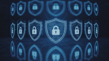 Glowing blue digital shields with padlocks in a grid pattern security image