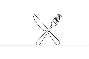 Minimalist one line art of kitchen cutlery and plate, perfect for modern dining and restaurant design