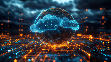 A futuristic digital globe surrounded by glowing clouds and data streams, representing advanced network connectivity and innovation.