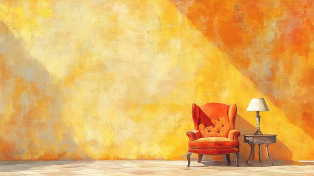 A sunlit room with an orange wingback chair and a small table, highlighting a warm, inviting atmosphere.