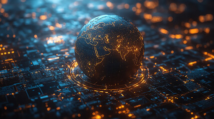 A futuristic representation of Earth, glowing with data patterns and neon lights against a digital backdrop.