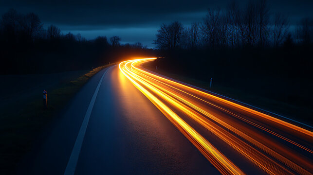 Long exposure light trails of car headlights on a winding road at night - Powered by Adobe