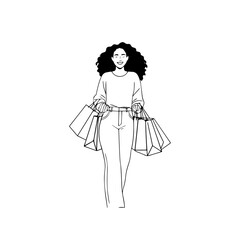 Black and white line art of a beautiful happy woman carrying shopping bags minimalist cheerful illustration
