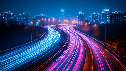 Vibrant streaks of light from cars on a highway at night with a city skyline in the background