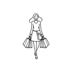 Black and white line art of a beautiful happy woman carrying shopping bags minimalist cheerful illustration