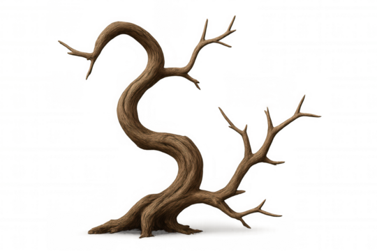 Twisted bare old tree trunk with gnarled branches, representing concepts of aged nature, fantasy, and decay. Alpha background