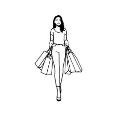 Black and white line art of a beautiful happy woman carrying shopping bags minimalist cheerful illustration