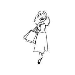 Black and white line art of a beautiful happy woman carrying shopping bags minimalist cheerful illustration