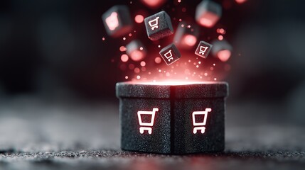 A black textured gift box glows with neon red shopping cart icons while cubes with the same symbol float upward in a burst of energy. Digital commerce online shopping, sale, discount and black friday