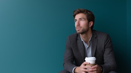 A young businessman in a tailored suit sits against a teal wall, holding a coffee cup and gazing thoughtfully into the distance. The minimalist setting conveys modern lifestyle, focus and inspiration