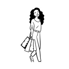 Black and white line art of a beautiful happy woman carrying shopping bags minimalist cheerful illustration