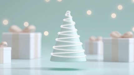 A glowing wireframe Christmas tree design stands in front of soft bokeh gift boxes, representing modern and digital holiday celebrations. The composition blends tradition with contemporary minimalism
