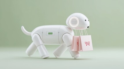 A sleek robotic dog carries shopping bags marked with “Sale,” symbolizing futuristic retail and technology-driven commerce. The minimalist design merges artificial intelligence with consumerism