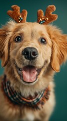 A fluffy golden retriever puppy wearing antlers smiles joyfully in a festive portrait, radiating charm and warmth. The close-up highlights the dog’s happy expression, perfect for holiday-themed visual