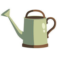 Green watering can with brown handle, classic garden tool illustration perfect for planting or care themes.

