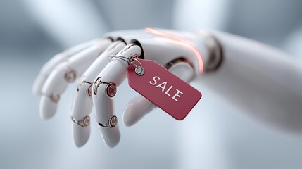 A futuristic robotic hand holds a red sale tag, blending the concept of artificial intelligence with retail marketing. The metallic design represents innovation, commerce, and advanced technology