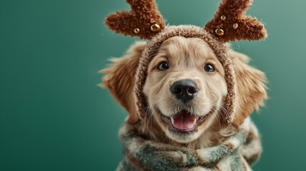 A golden retriever puppy dressed in a cozy plaid outfit with reindeer antlers poses against a green background, symbolizing holiday joy and companionship. The portrait combines cuteness with festive