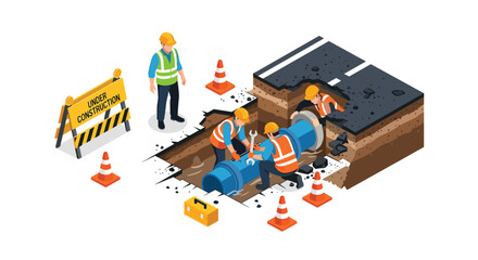 Isometric Road Construction Workers Repairing Pipeline Underneath the Street with Warning Signs and Cones, Providing Utility Maintenance and Infrastructure Improvement