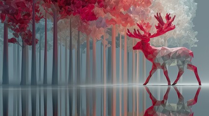A polygon-style low poly reindeer stands against a surreal forest of red and white geometric trees reflected in calm water. The scene merges wildlife with digital art, creating a futuristic aesthetic 