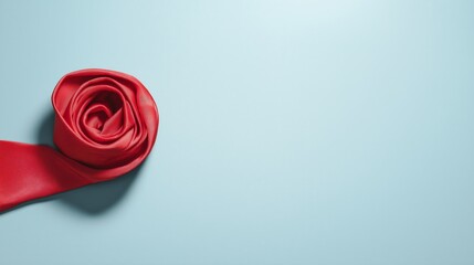 A red silk necktie is artfully rolled into the shape of a rose against a pale blue background. The elegant composition blends fashion and romance, making it perfect for design themes of love, style