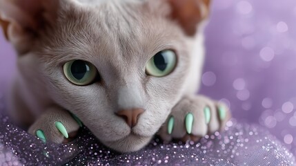 A close-up of a cat with bright mint-colored painted claws lying on shimmering purple glitter fabric. The animal’s expressive green eyes and unusual stylized nails create a surreal and artistic look 