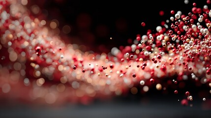 An artistic digital composition of red, white, and golden spheres floating dynamically against a dark background. The abstract bokeh effect and glowing reflections create a festive and futuristic