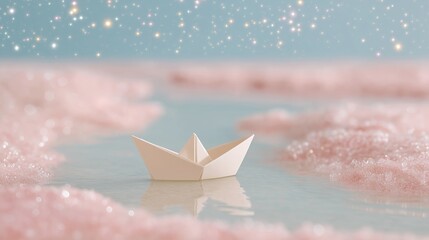 A paper origami boat floats peacefully on pastel water with pink foamy shores and glowing stars in the sky. The scene conveys innocence, imagination, and a sense of calm