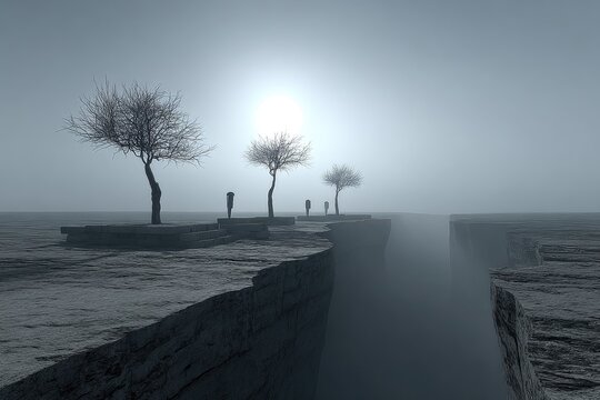 Pale cliff edge, barren trees, misty chasm, figures