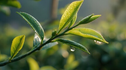 Fototapeta premium herbal. Close-up of fresh tea leaves with morning dew in soft natural light, botanical setting. gardening catalogs, home-decor guides, designed for home decor and floral branding.