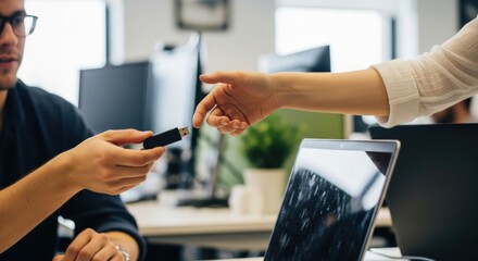 Colleagues exchanging USB drive for data transfer in modern office environment