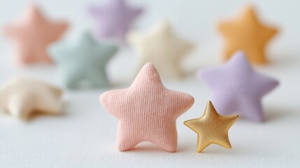 Soft pastel fabric stars and one golden star are arranged against a light background. The whimsical and cozy composition conveys charm, creativity, and playful decoration