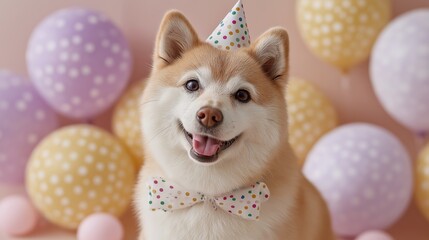 A cheerful Shiba Inu dog wears a polka dot bow tie and party hat, smiling happily in front of balloons. The playful celebration scene radiates joy, humor, and cuteness, perfect for pet-themed advertis
