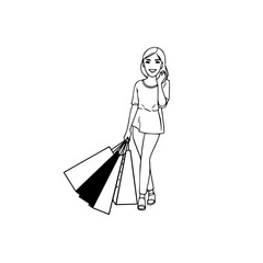 Black and white line art of a beautiful happy woman carrying shopping bags minimalist cheerful illustration