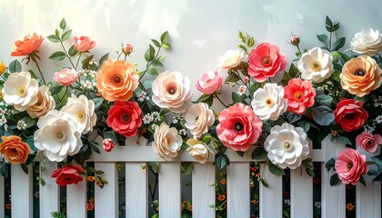 Colorful paper flowers adorn a white picket fence