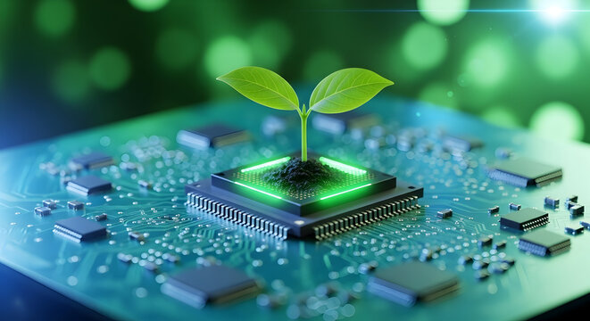 Green technology concept: Plant sprouting from a circuit board symbolizing growth