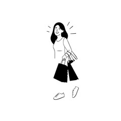 Black and white line art of a beautiful happy woman carrying shopping bags minimalist cheerful illustration