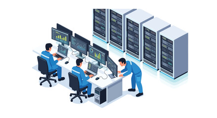 Isometric Data Center Management: IT Professionals Monitoring Servers and Analyzing Data with Laptops and Multiple Screens in a Server Room Environment.