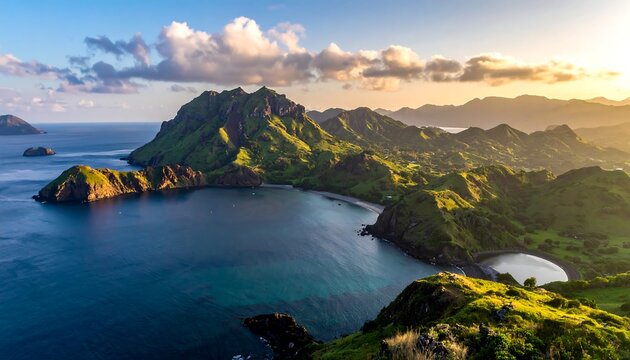Lush island bay at sunrise