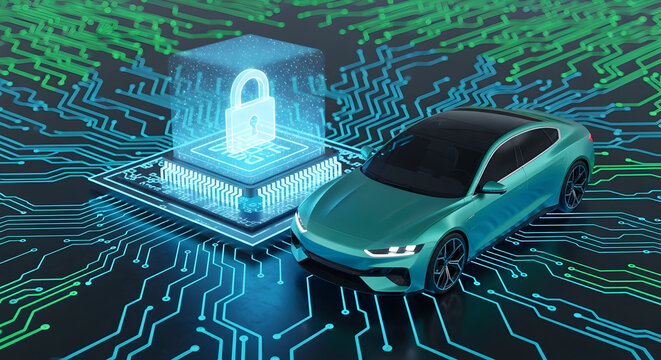 Cybersecurity concept with car and digital padlock representing data protection