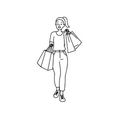 Black and white line art of a beautiful happy woman carrying shopping bags minimalist cheerful illustration