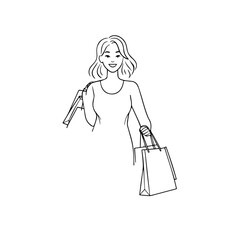 Black and white line art of a beautiful happy woman carrying shopping bags minimalist cheerful illustration