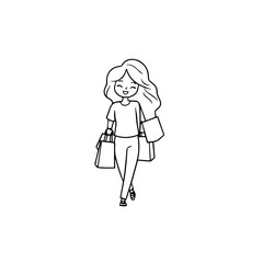 Black and white line art of a beautiful happy woman carrying shopping bags minimalist cheerful illustration