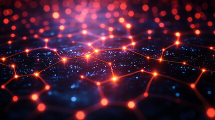 Abstract digital network with glowing nodes and interconnected lines, representing modern technology and data flow in a futuristic setting.