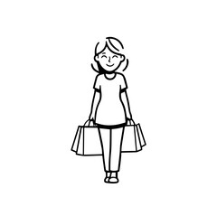Black and white line art of a beautiful happy woman carrying shopping bags minimalist cheerful illustration