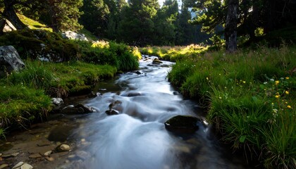 Mountain stream flowing through a lush green forest