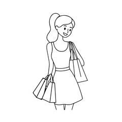 Black and white line art of a beautiful happy woman carrying shopping bags minimalist cheerful illustration