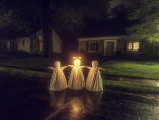 Halloween celebration with children costumes pumpkins and spooky decorations at night